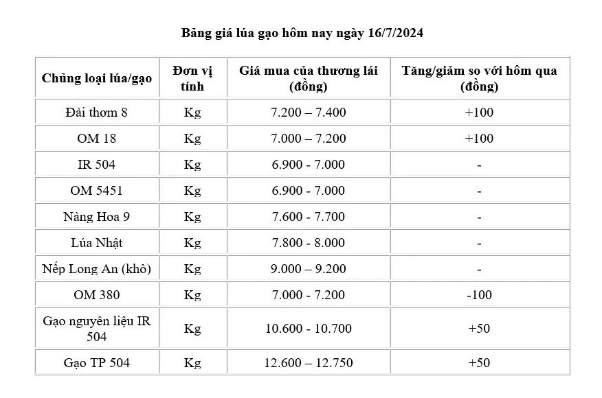 Giá lúa gạo hôm nay ngày 16/7: Giá lúa tăng 100 đồng, giá gạo tăng nhẹ