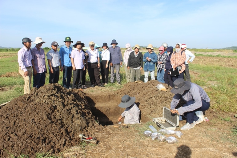 Cán bộ Viện Thổ nhưỡng nông hóa tiến hành lấy mẫu đất ở huyện Tuy An, tỉnh Phú Yên để xây dựng cơ sở dữ liệu số về đất sản xuất nông nghiệp (Ảnh: Lệ Văn). 