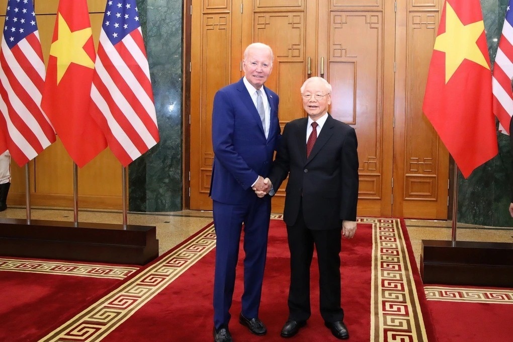 Tổng thống Mỹ Joe Biden (trái) gặp gỡ Tổng bí thư Nguyễn Phú Trọng nhân chuyến công du Việt Nam tháng 9/2023. (Nguồn: TTXVN)