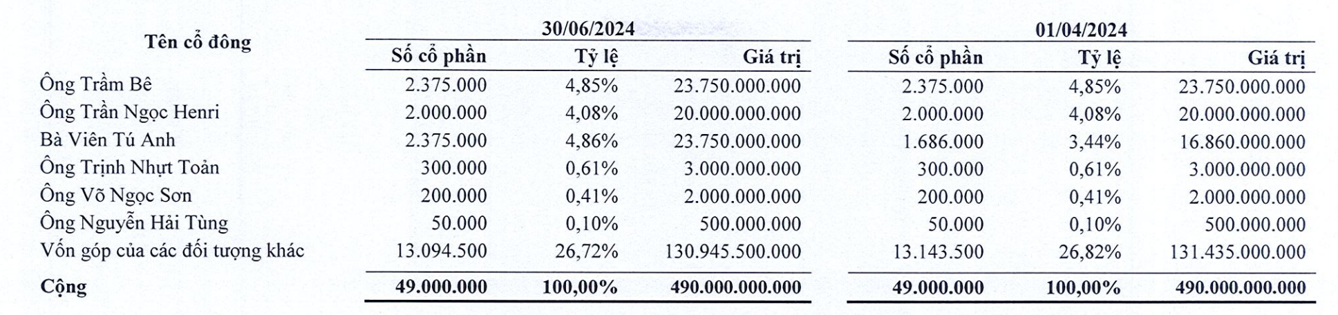 Thuyết minh cơ cấu cổ đông tại thời điểm cuối tháng 6-2024 - Ảnh chụp từ BCTC