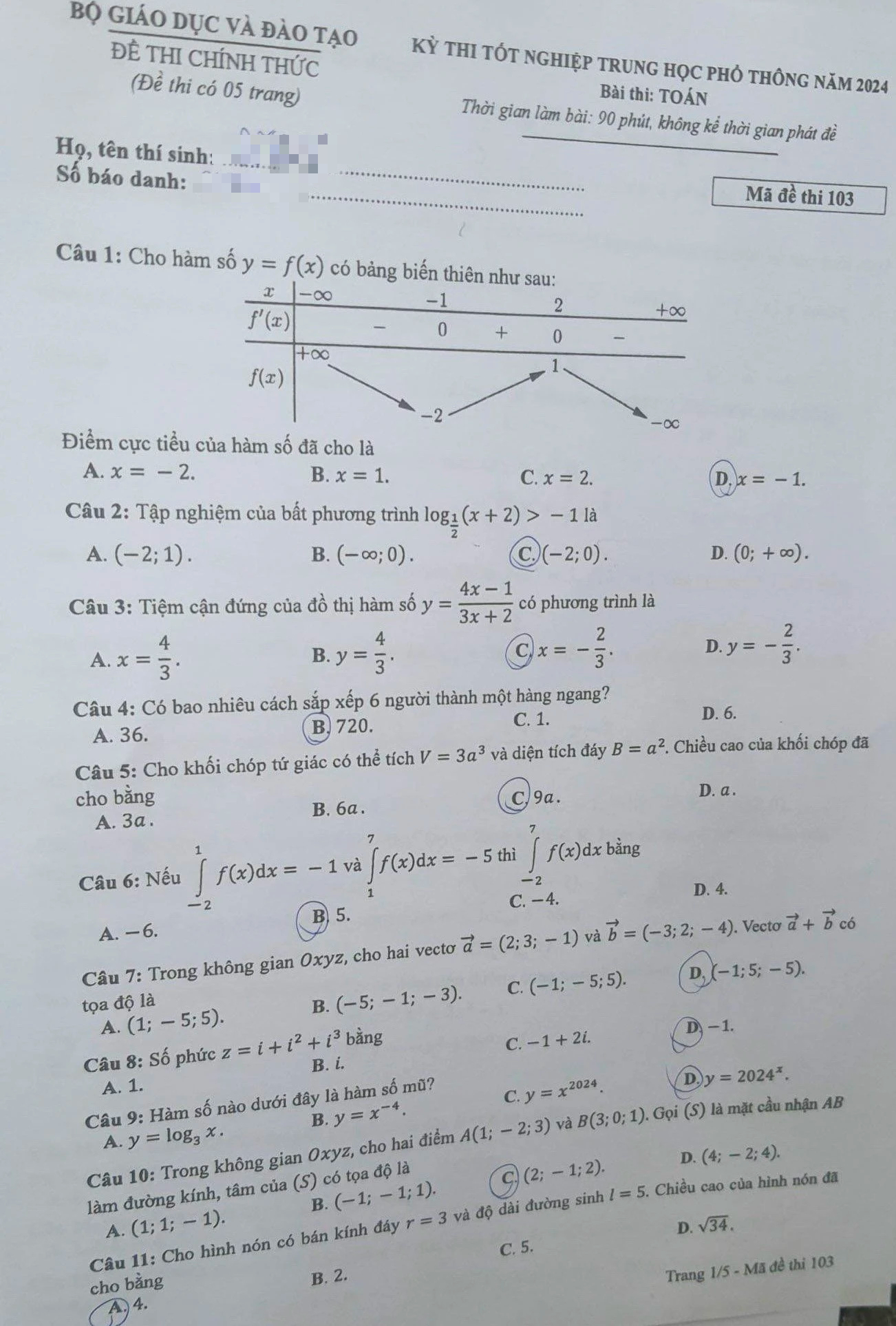Thi tốt nghiệp THPT 2024: Đề chính thức môn toán- Ảnh 1.