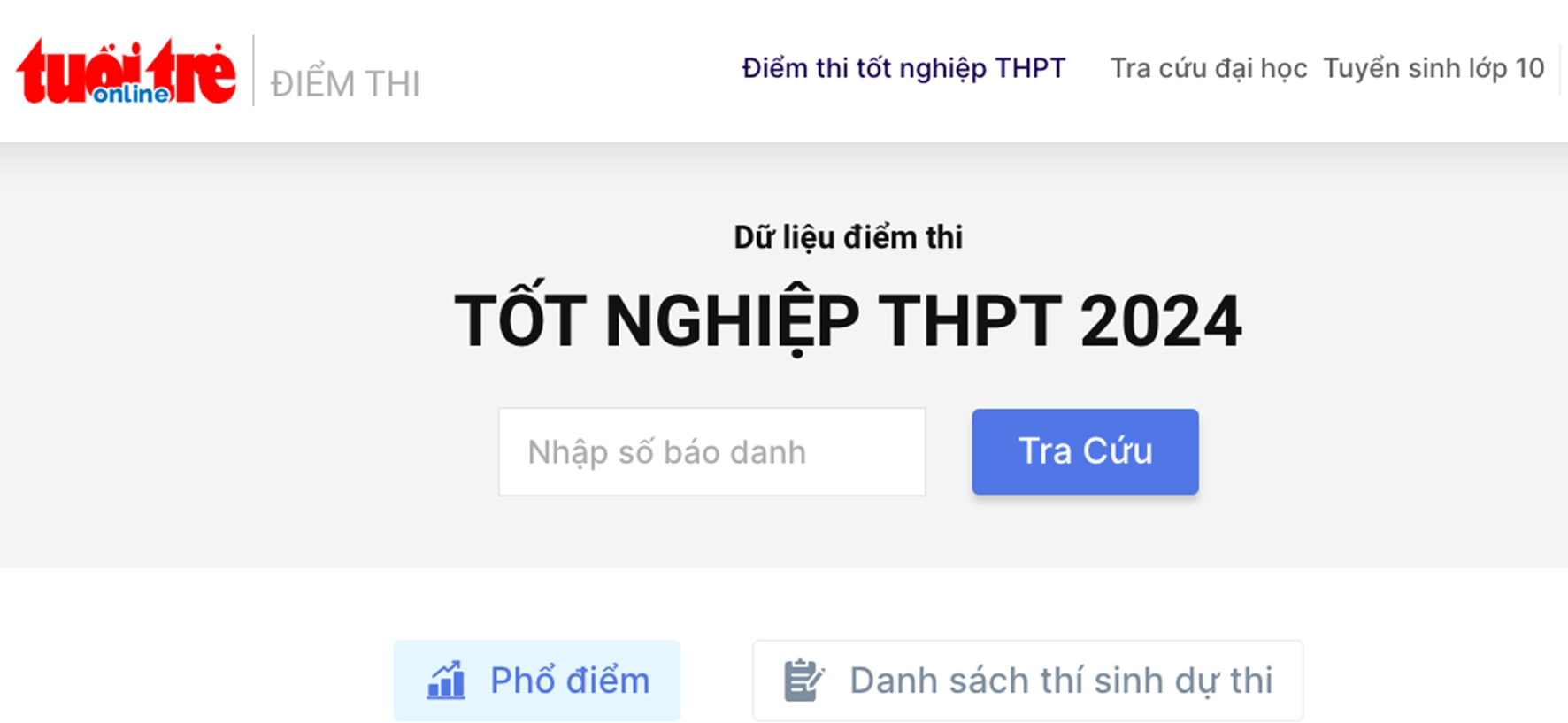 Trang xem điểm thi của báo Tuổi Trẻ