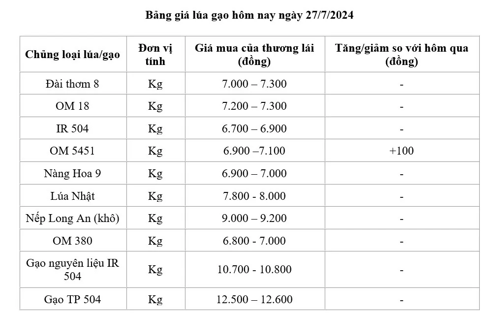 Giá lúa gạo hôm nay ngày 27/7: Giá lúa tăng 100 đồng/kg