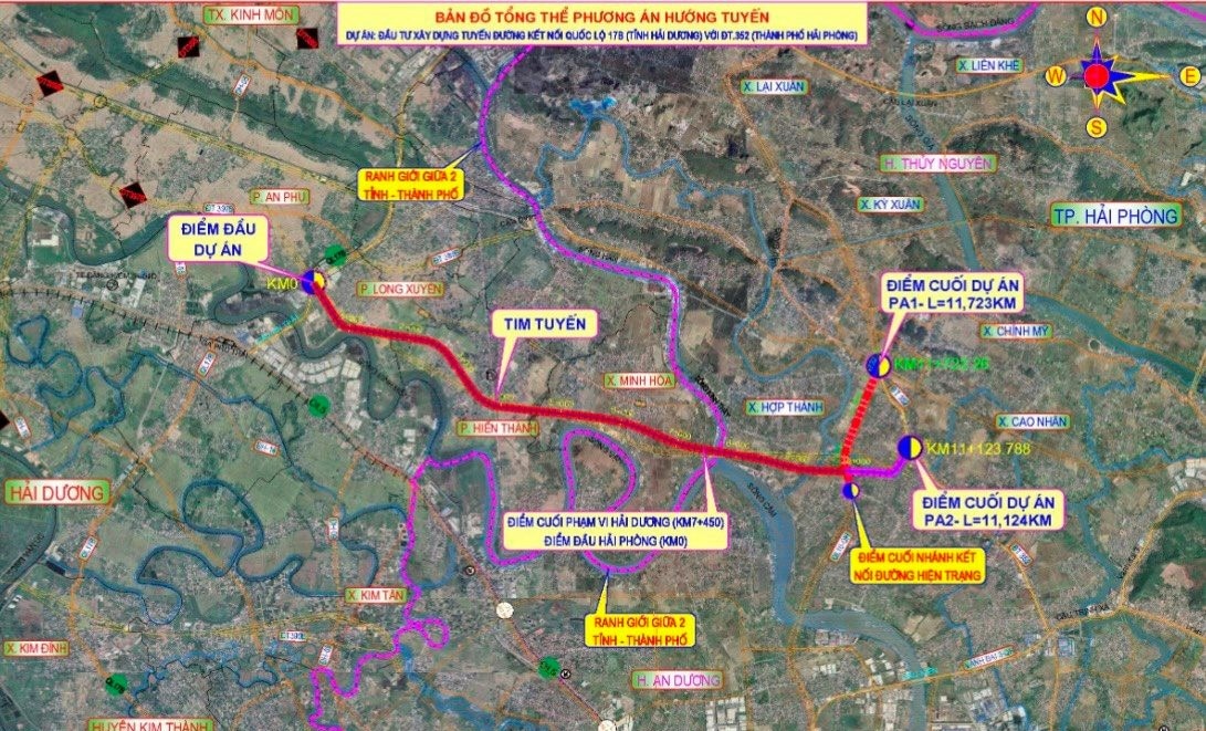 Phương án hướng tuyến của tuyến đường kết nối quốc lộ 17B (tỉnh Hải Dương) với đường 352 (TP Hải Phòng). Ảnh - Báo Hải Dương