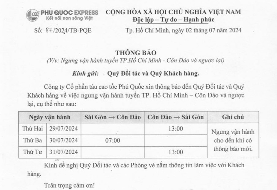 Tạm dừng tuyến tàu cao tốc TP.HCM - Côn Đảo từ 29/7- Ảnh 1.