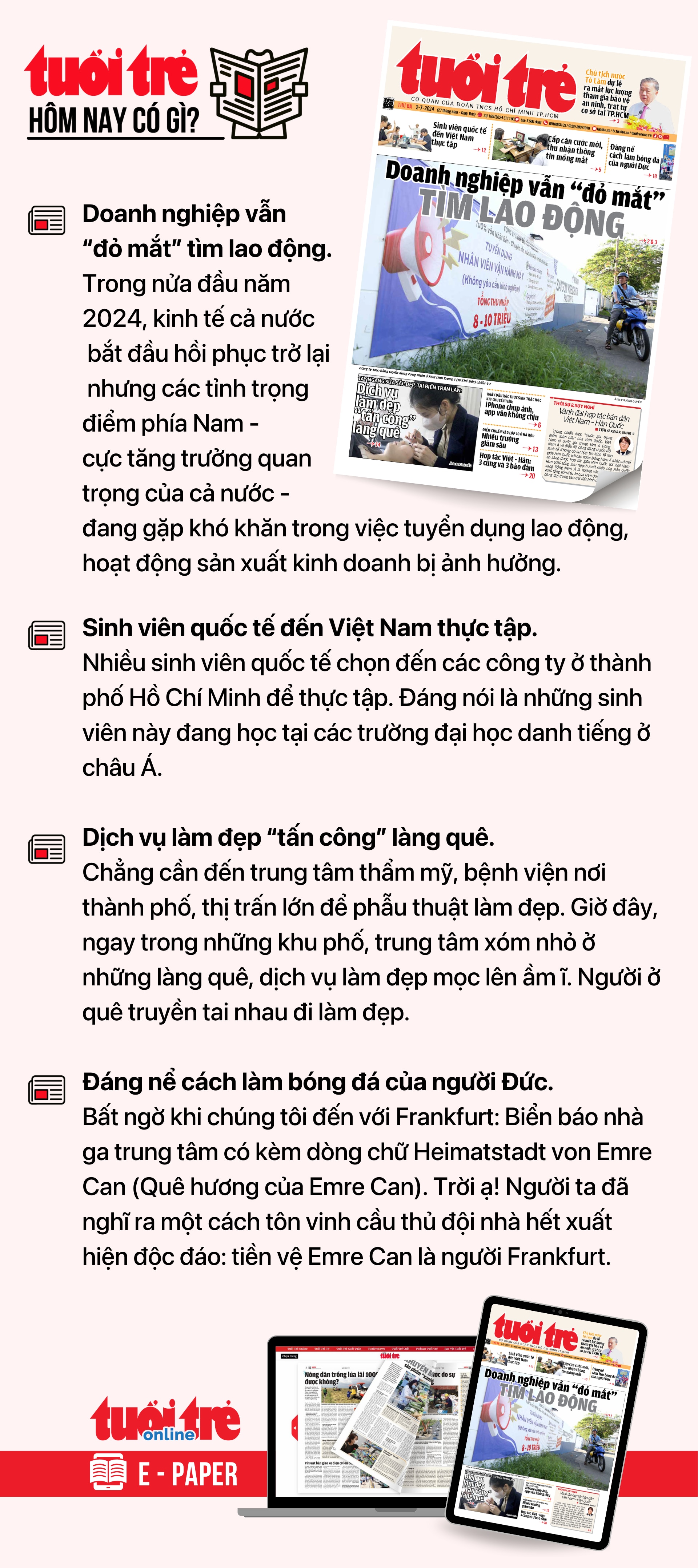 Tin tức chính trên Tuổi Trẻ nhật báo hôm nay 2-7. Để đọc Tuổi Trẻ báo in phiên bản E-paper, mời bạn đăng ký Tuổi Trẻ Sao TẠI ĐÂY