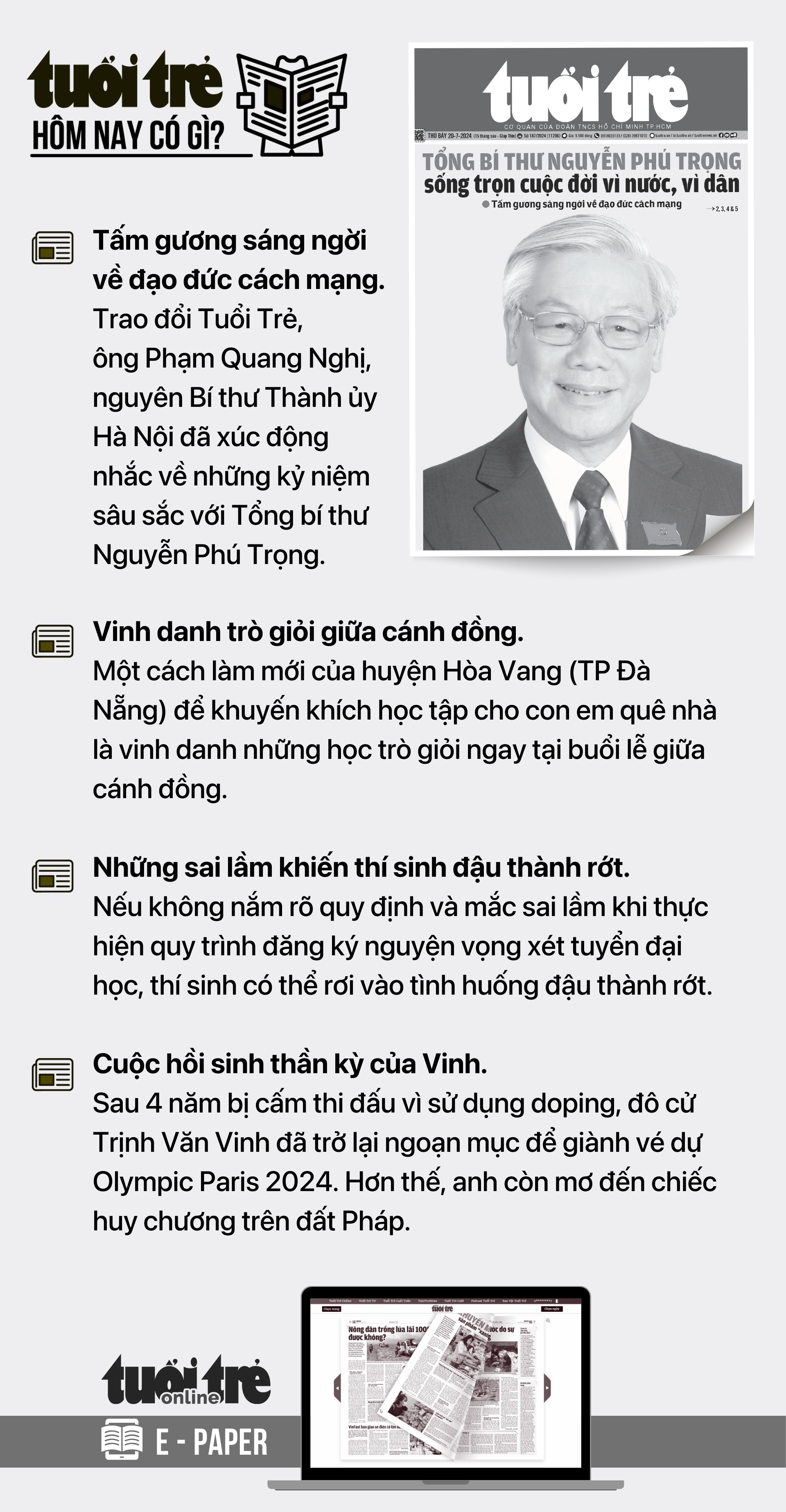 Tin tức chính trên Tuổi Trẻ nhật báo hôm nay 20-7. Để đọc Tuổi Trẻ báo in phiên bản E-paper, mời bạn đăng ký Tuổi Trẻ Sao TẠI ĐÂY