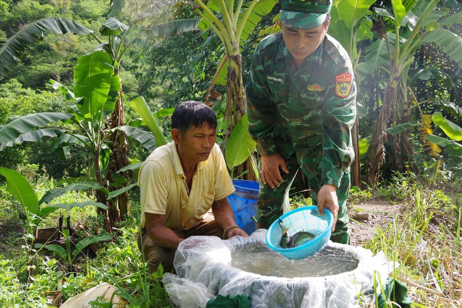 Đồn Biên phòng Mường Ải hỗ trợ cá giống cho hộ gia đình ông Hoa Phò Ngành