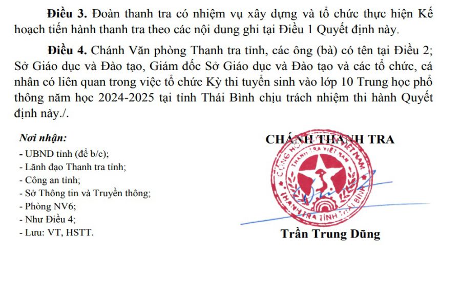 Quyết định thanh tra đột xuất tại Sở Giáo dục và Đào tạo tỉnh Thái Bình.  Ảnh: Chụp tài liệu