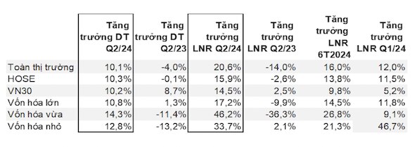 Lợi nhuận của các nhóm cổ phiếu trên thị trường đều có mức tăng trưởng khả quan trong Q2/24, dẫn đầu bởi nhóm cố phiếu vốn hóa vừa khi lợi nhuận ròng tăng 46,2% svck. Ảnh: VNDIRECT 