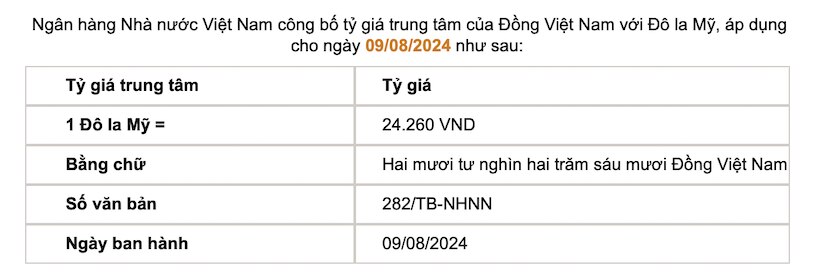 Tỷ giá trung tâm được Ngân hàng Nhà nước công bố. Ảnh chụp màn hình