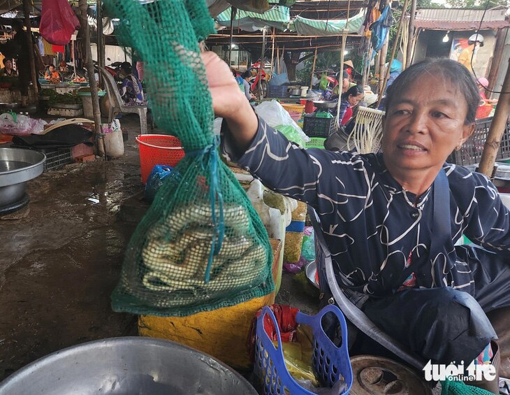 Một tiểu thương giới thiệu cho chúng tôi 3 con rắn nước (rắn đồng) mới bắt được, với giá 80.000 đồng/kg - Ảnh: BỬU ĐẤU