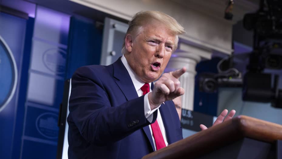 President Donald Trump speaks during a Coronavirus Task Force news conference at the White House in Washington, D.C., on Monday, April 6, 2020.