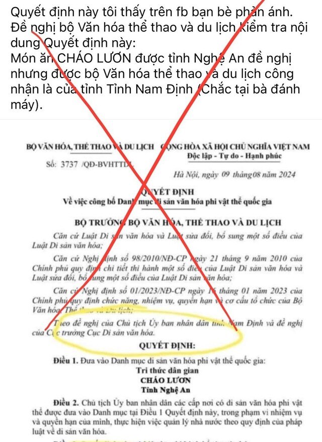 Bộ VHTTDL đề nghị xử lý thông tin xuyên tạc, sai sự thật việc tri thức dân gian “Cháo lươn” Nghệ An được đề cử Di sản văn hóa phi vật thể - Ảnh 1.