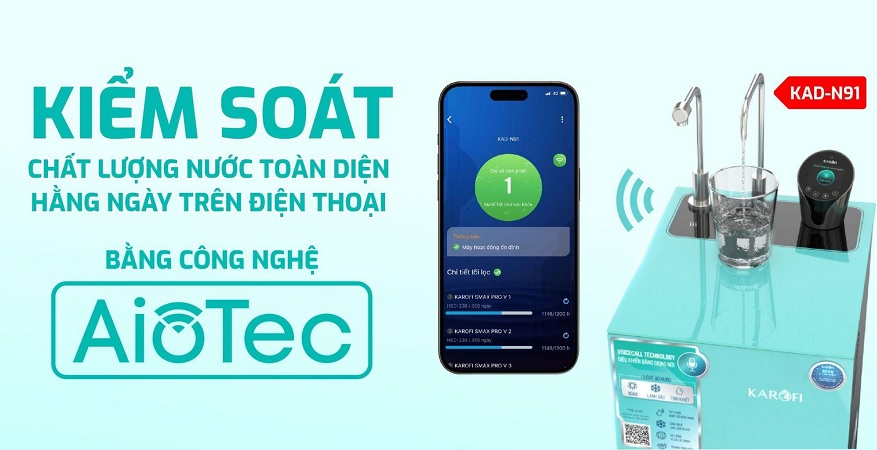 Công nghệ AioTec giúp kiểm soát toàn diện chất lượng nước trên điện thoại. Ảnh: Karofi