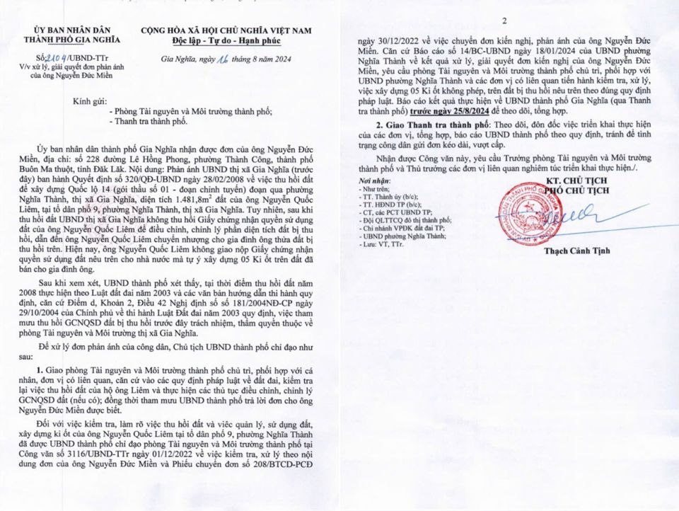 UBND TP Gia Nghĩa chỉ đạo Phòng Tài nguyên và Môi trường; Phòng Thanh tra thành phố khẩn trương xử lý vụ việc.