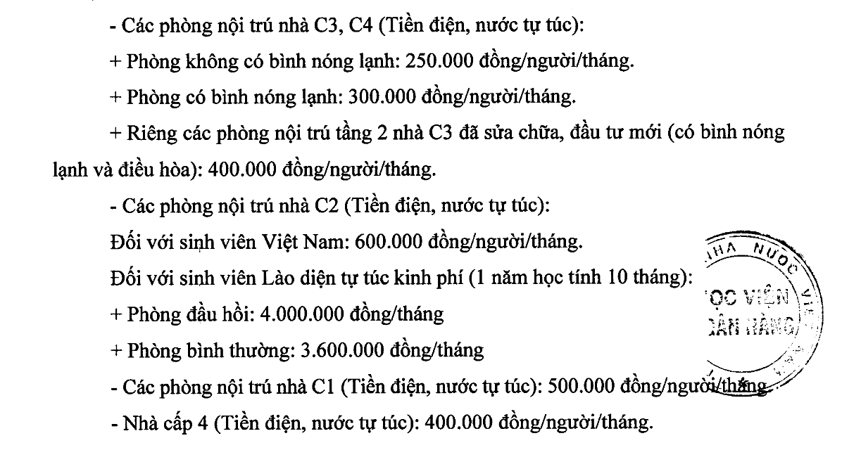 Phí ký túc xá Học viện Ngân hàng.