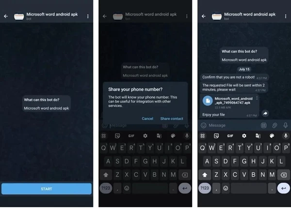 Bot Telegram đòi người dùng cung cấp số điện thoại để gửi file APK