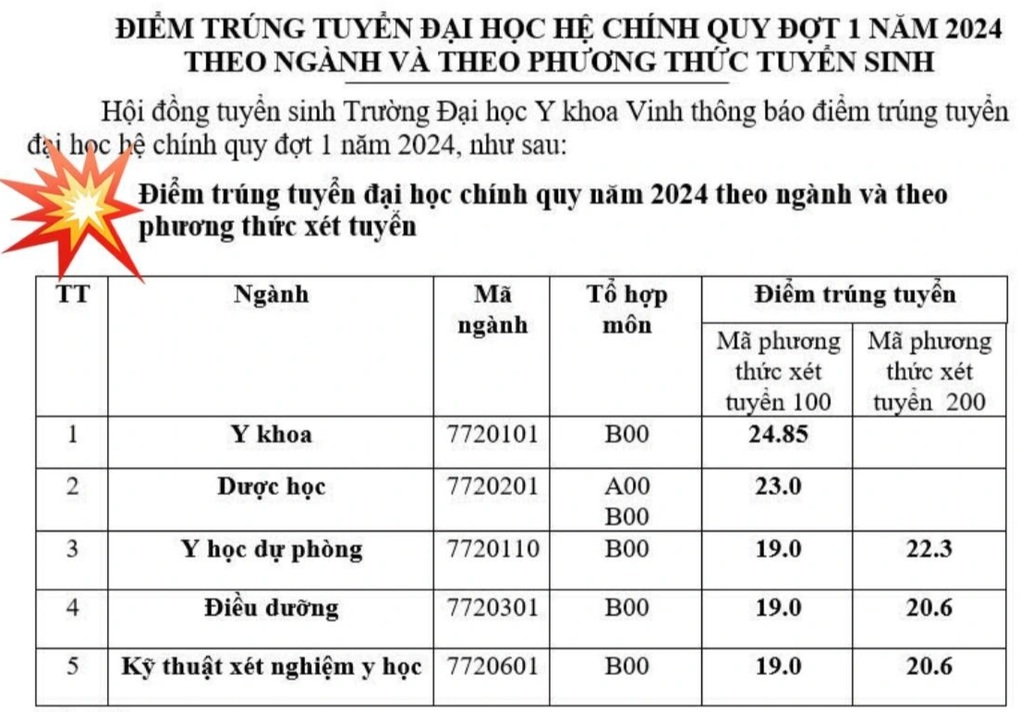 Điểm chuẩn Y khoa và Sư phạm Vinh năm 2024 - 1