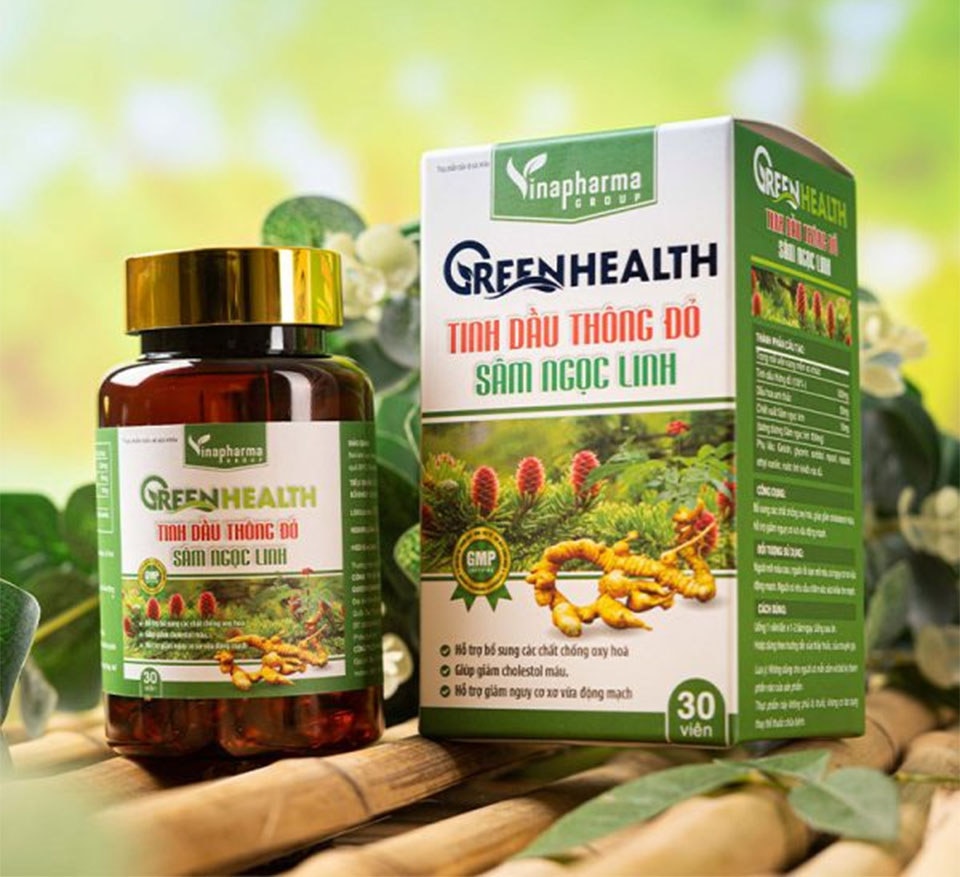 Sản phẩm thực phẩm bảo vệ sức khỏe Green Health tinh dầu thông đỏ sâm Ngọc Linh.