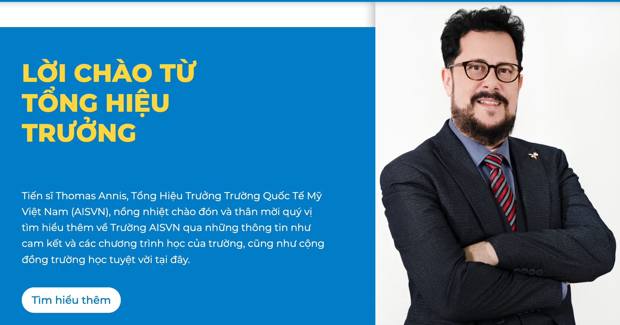 Thông tin giới thiệu tổng hiệu trưởng trên website Trường quốc tế AISVN. Tuy nhiên người này chưa được Sở Giáo dục và Đào tạo công nhận - Ảnh chụp màn hình