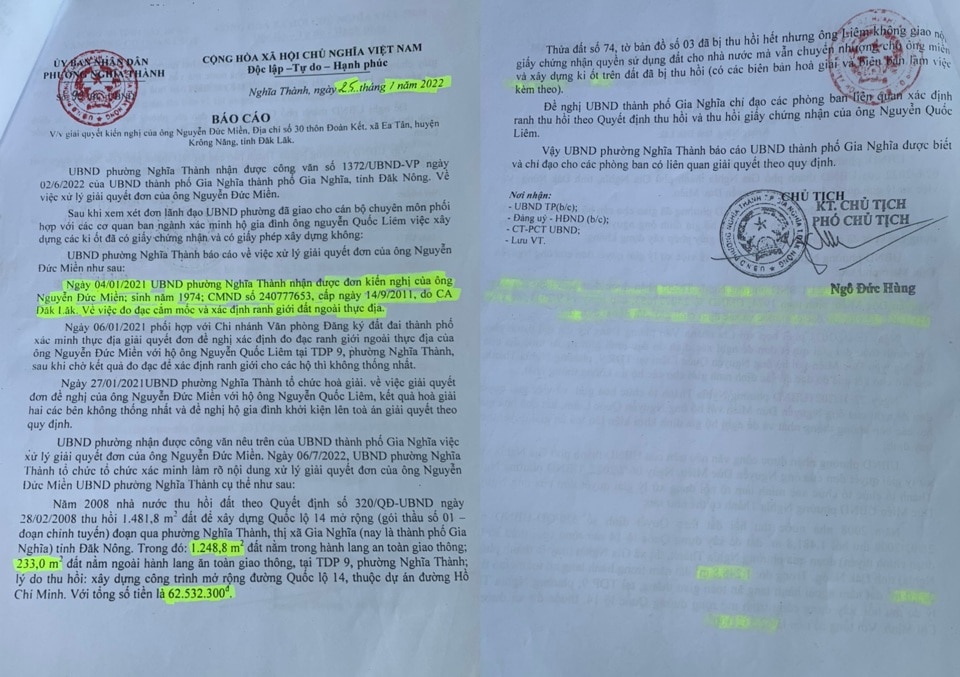 Vụ việc đã được văn bản của UBND phường Nghĩa Thành nêu rõ từ năm 2022 nhưng đến nay vẫn chưa được giải quyết.