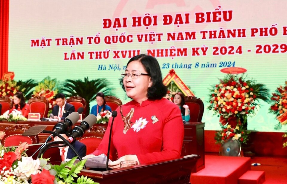 Bí thư Thành ủy Hà Nội Bùi Thị Minh Hoài phát biểu chỉ đạo tại Đại hội đại biểu Mặt trận Tổ quốc Việt Nam TP Hà Nội lần thứ XVIII, nhiệm kỳ 2024-2029