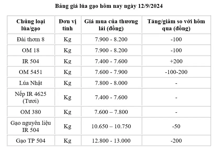 Giá lúa gạo hôm nay 12/9/2024: