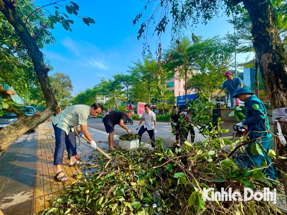 Lãnh đạo quận Cầu Giấy tham gia dọn cành cây gãy tại phường Quan Hoa.