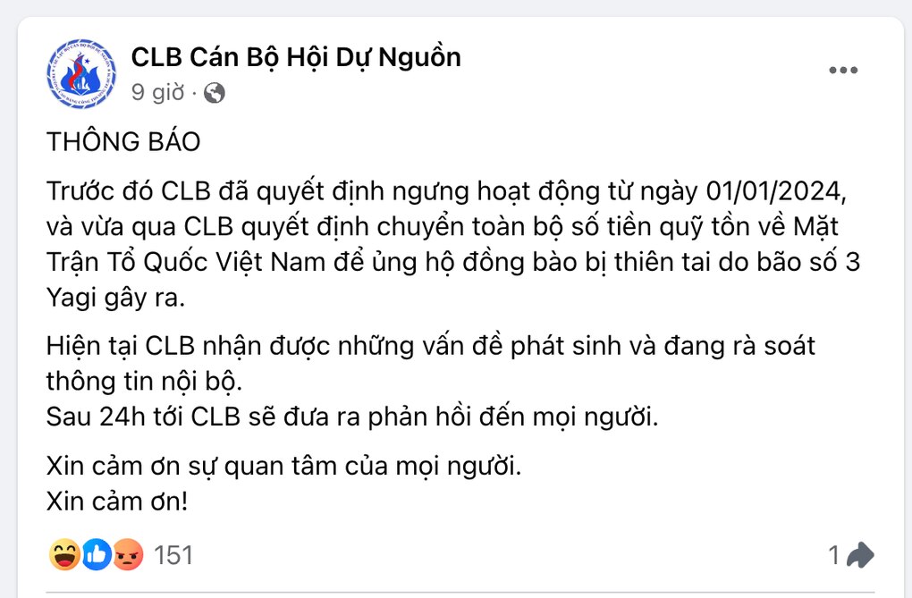 Làm rõ việc 1 câu lạc bộ rút ruột 90% số tiền ủng hộ người dân vùng lũ - 2