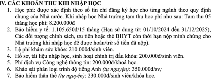 Mức phí tạm thu của trường Đại học Giao thông vận tải hơn 10,6 triệu đồng.