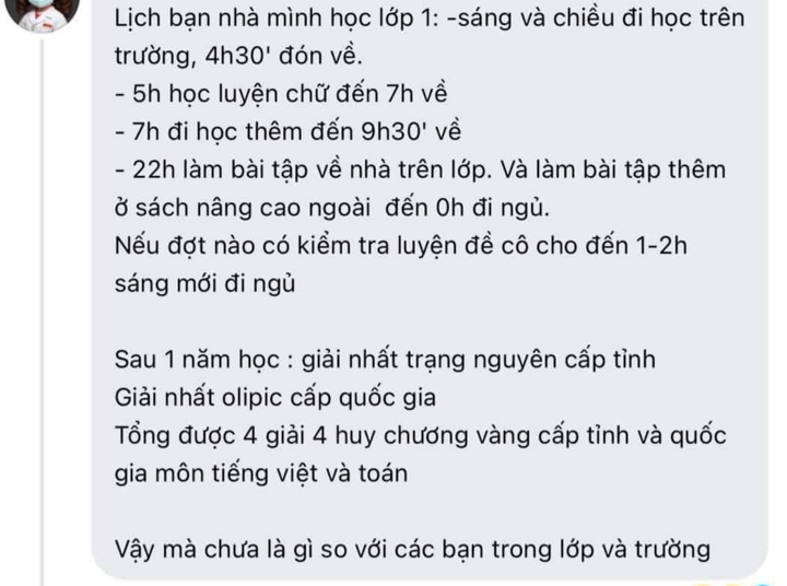 Một bài chia sẻ của phụ huynh về lịch học của con gây sốc. (Ảnh chụp màn hình)