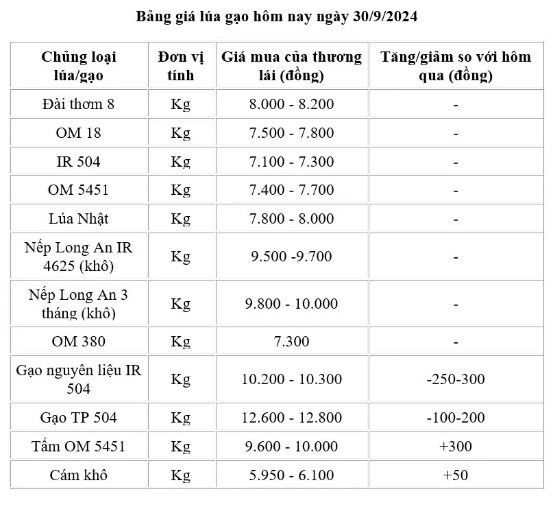 Giá lúa gạo hôm nay 30/9