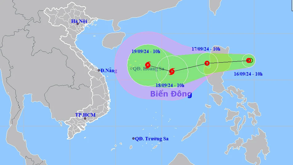 Vị trí của áp thấp nhiệt đới trưa 16-9 và dự báo hướng di chuyển. Nguồn: Trung tâm Dự báo khí tượng - thủy văn quốc gia