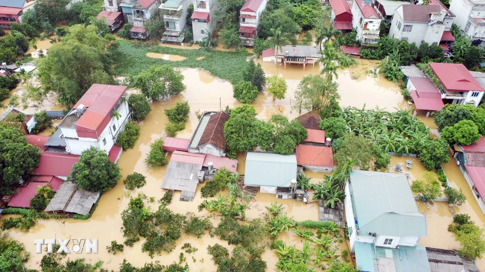 Nước dâng cao làm thiệt hại nhiều tài sản và hoa màu của người dân dọc sông Hồng và trên tuyến đường 32C chạy từ nút giao IC10 Cao tốc Nội Bài-Lào Cai về đầu huyện Hạ Hòa, tỉnh Phú Thọ. (Ảnh: Tạ Toàn/TTXVN)