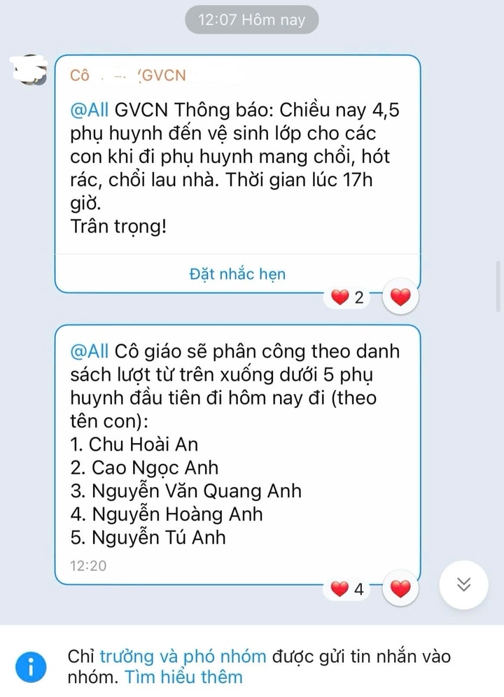 Tin nhắn yêu cầu phụ huynh đến trường trực nhật. Ảnh: (Phụ huynh cung cấp)