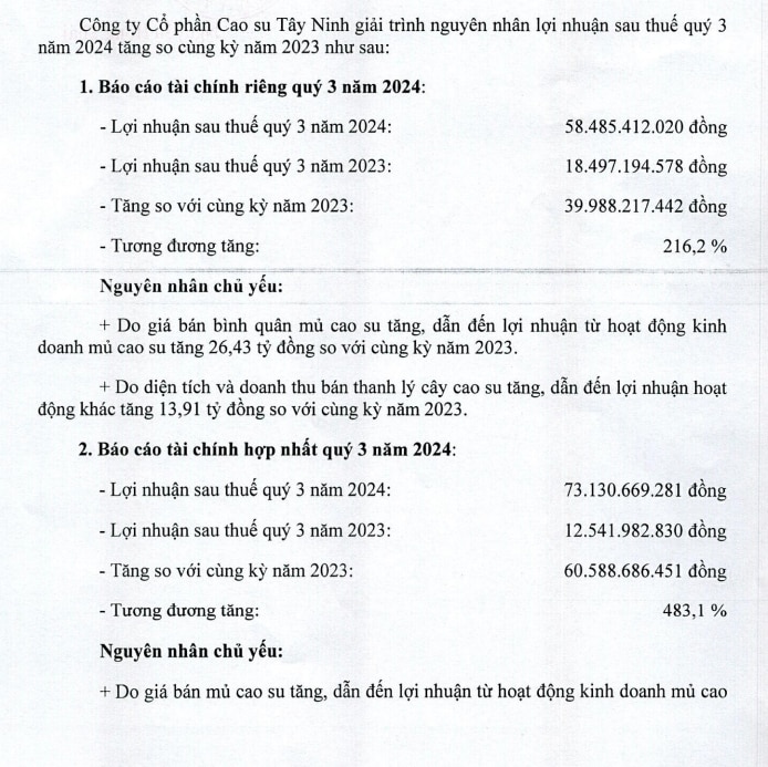 Báo lãi quý III/2024 tăng 'khủng', Cao su Tây Ninh giải trình ra sao? - Ảnh 2.