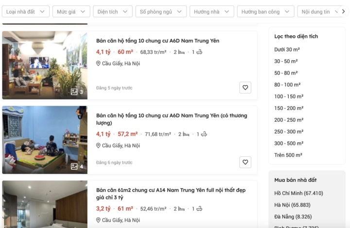 Giá căn hộ được môi giới đưa ra lên tới 50-70 triệu đồng/m2. Ảnh chụp màn hình.