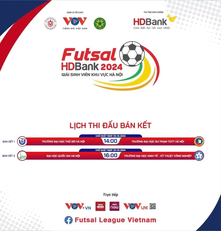 Lịch thi đấu bán kết giải Futsal HDBank sinh viên Hà Nội 2024.