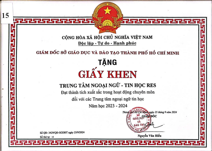 Anh ngữ RES liên tiếp nhận giấy khen từ Sở GD&ĐT TP.HCM - 1