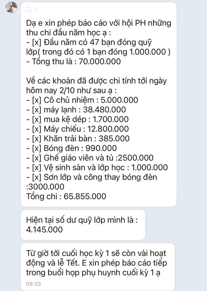 Bảng thống kê thu chi đầu năm của lớp 6A5 , Trường THCS Huỳnh Tấn Phát (ảnh chụp màn hình)