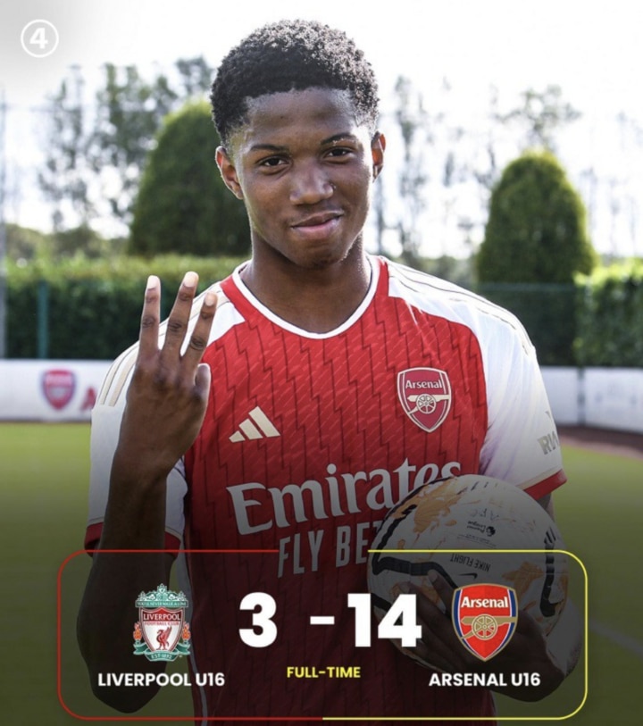 Obi-Martin ghi 10 bàn, giúp U16 Arsenal thắng U16 Liverpool với tỉ số 14-3.