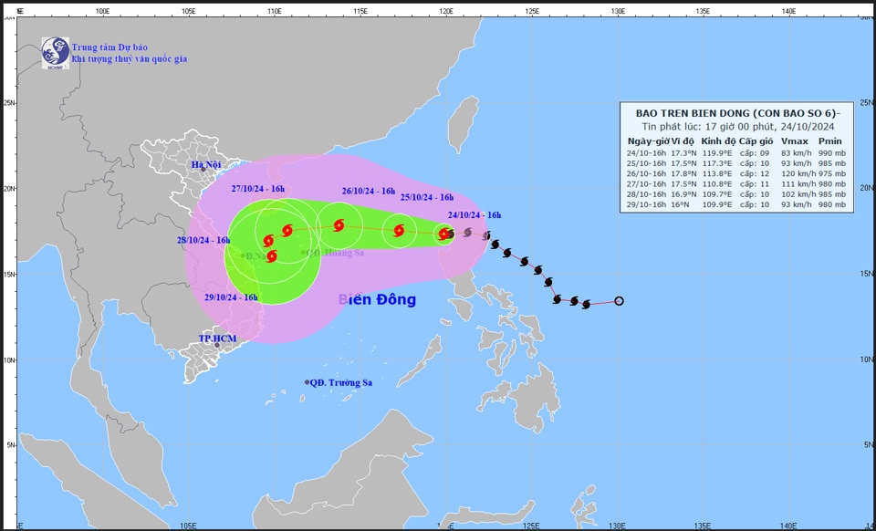Hướng đi của bão TRAMI - Ảnh: Trung tâm Dự báo khí tượng thủy văn Quốc gia cập nhật lúc 17h ngày 24/10/2024.