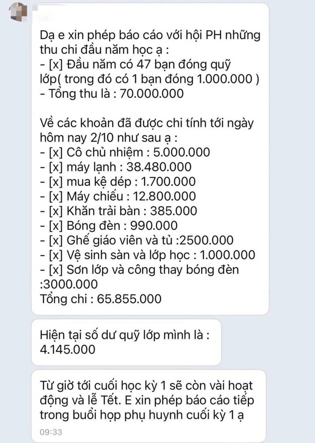 Trường xử lý thế nào với lớp thu 70 triệu, chi ngay 66 triệu đồng? - 1