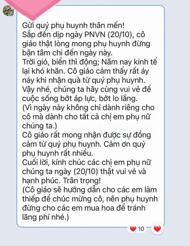 Xôn xao tin nhắn cô giáo gửi phụ huynh học sinh 'đừng bận tâm' chuyện quà 20-10 - Ảnh 1.