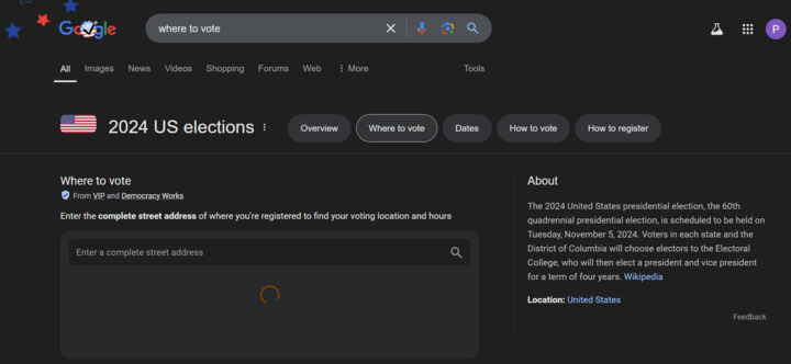 Khi click vào logo tìm kiếm có hình cờ Mỹ và chiếc đồng hồ trên trang chủ Google.com, người dùng sẽ được trỏ đến trang chứa các thông tin cần thiết về cuộc bầu cử.