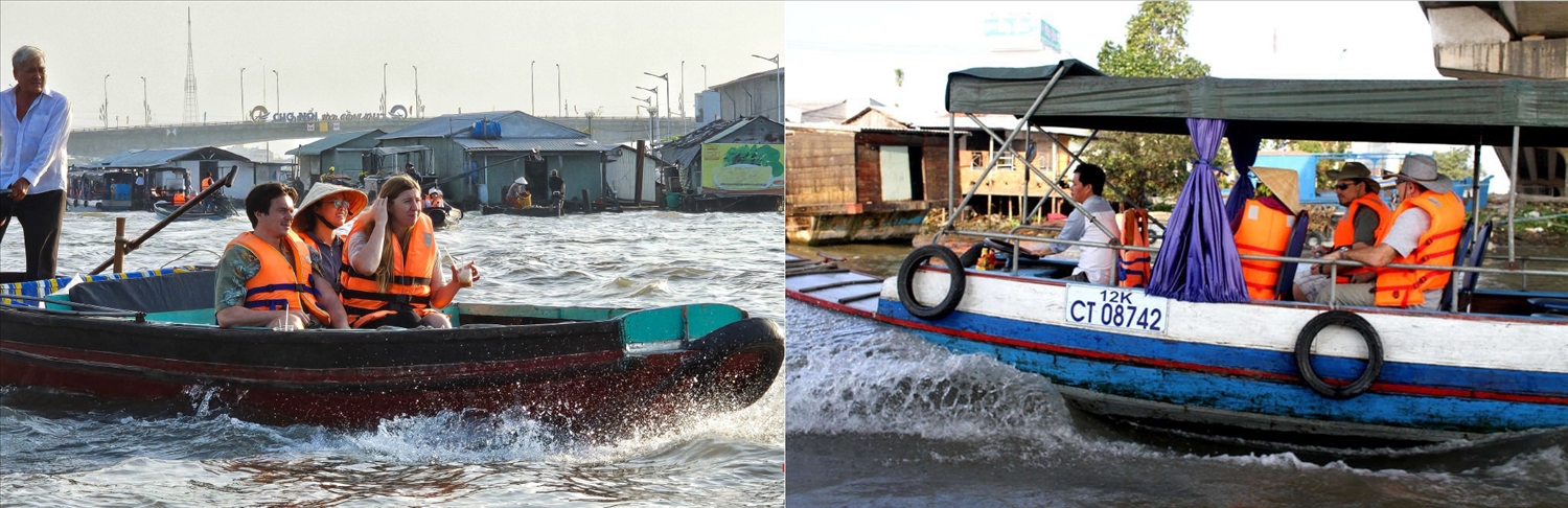 Du khách trong nước và quốc tế tham quan và mua sắm tại chợ nổi Cái Răng