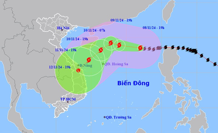 Dự báo đường đi, khu vực ảnh hưởng của bão số 7 lúc 19h ngày 8/11. (Nguồn: NCHMF)