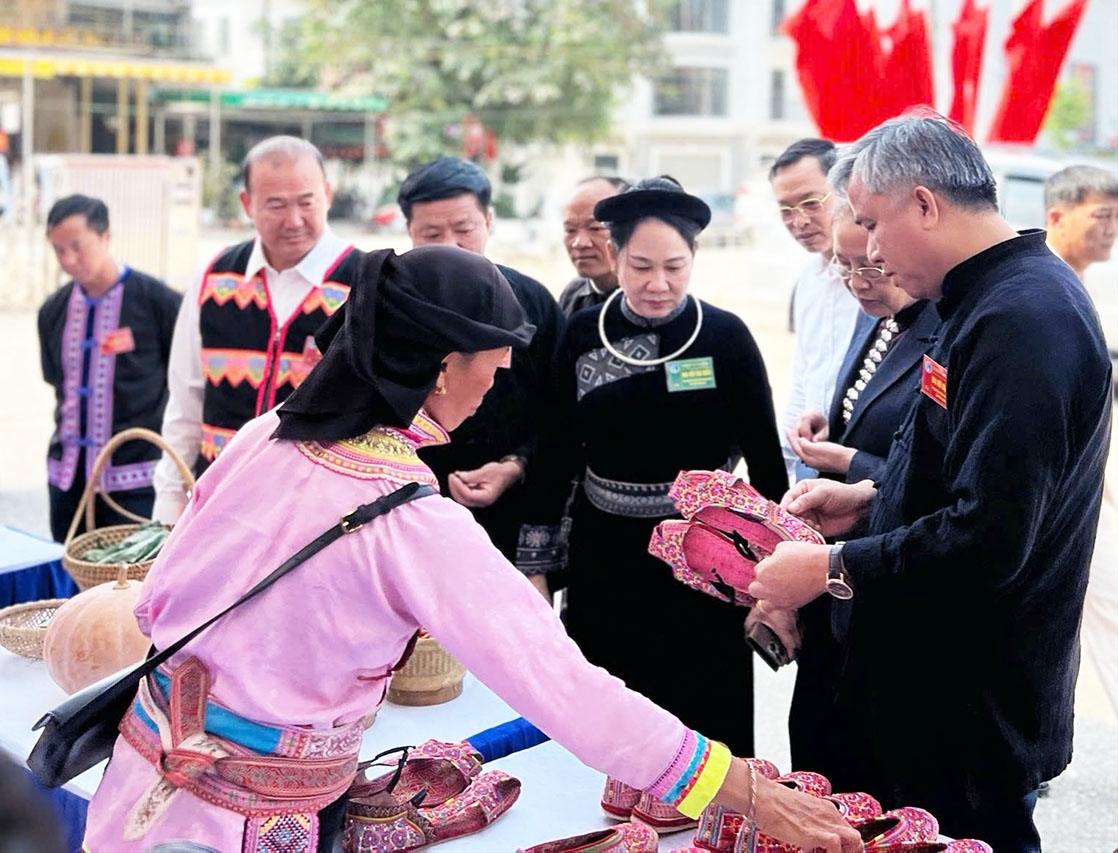 Thứ trưởng, Phó Chủ nhiệm Ủy ban Dân tộc Nông Thị Hà tham quan các gian hàng sản phẩm OCOP của Điện Biên