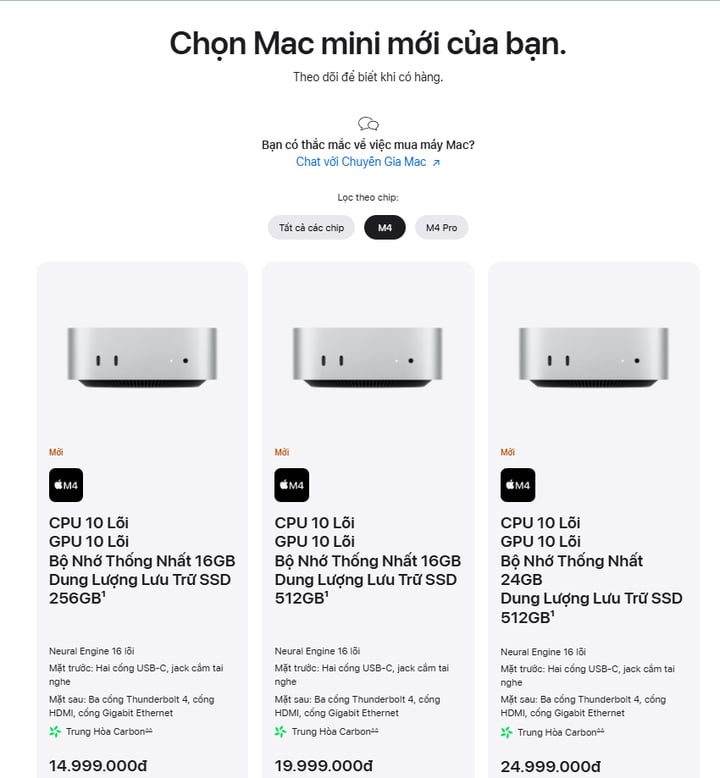 Giá bán công bố của Macmini năm nay được đánh giá ngày càng dễ tiếp cận, cùng trang bị mạnh mẽ. (Ảnh chụp màn hình)